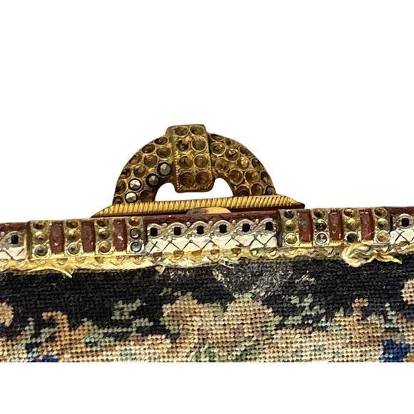 Antique Handmade Floral Needlepoint Tapestry Handbag &amp; Small Coin Purse with - Picture 3 of 16